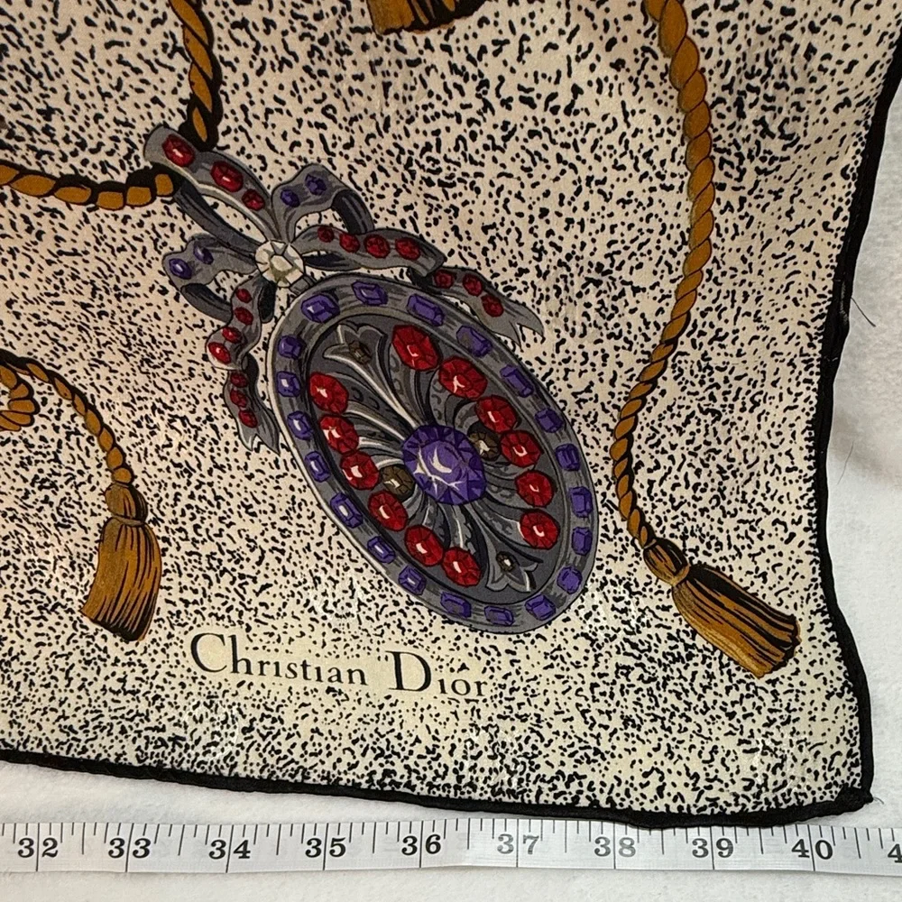 Dior Cream and Black Silk Scarf with Red and Purple Jewel Accents